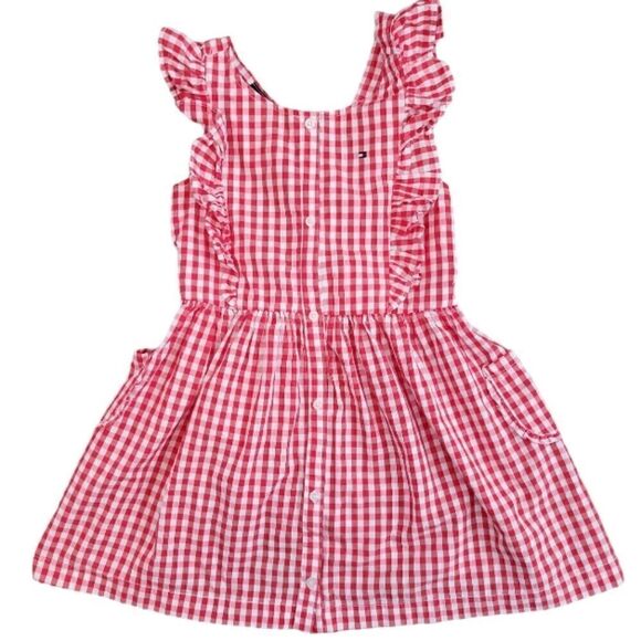 EC TOMMY HILFIGER RED GINGHAM SLEEVELESS DRESS W/POCKETS 100% COTTON SZ. 6X - Picture 1 of 5